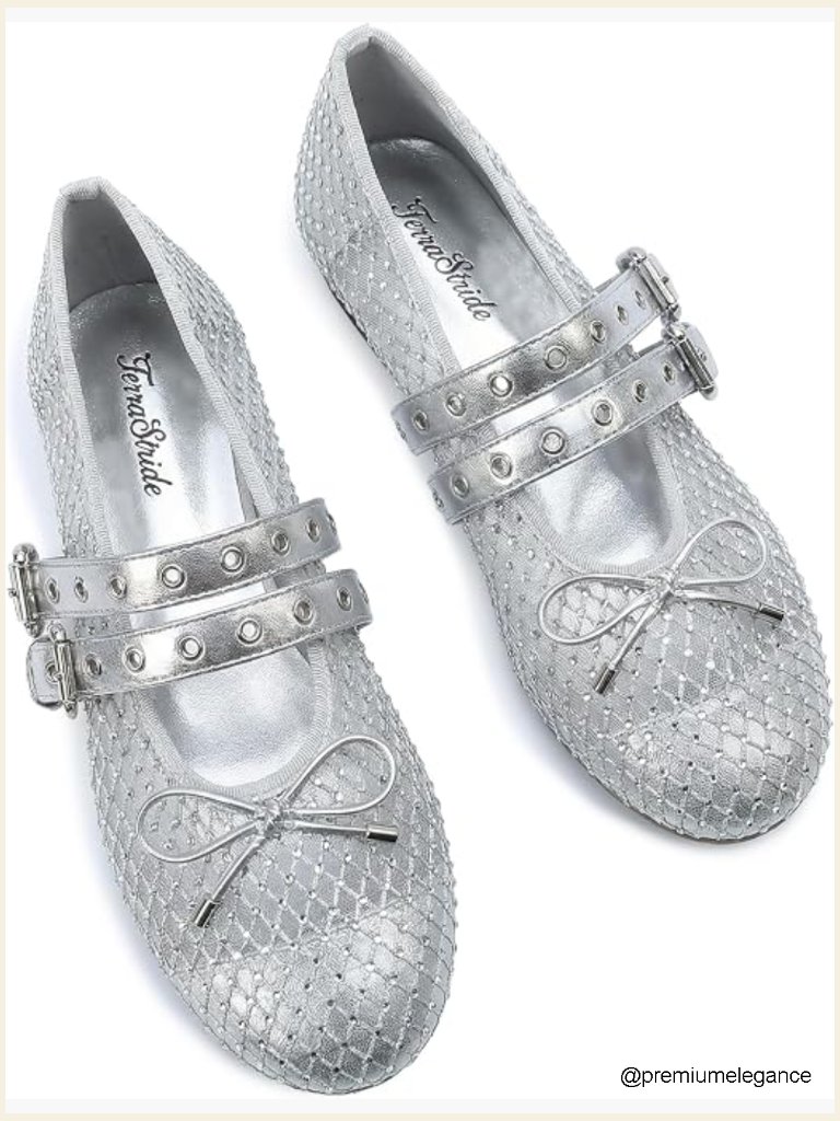 Mesh Rhinestone Mary Jane Flats Double Strap Ballet Shoes